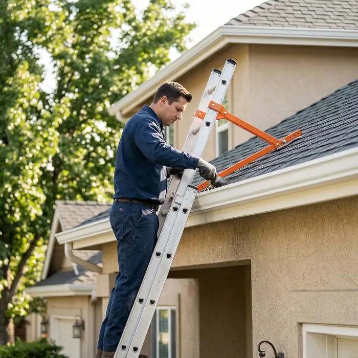Two-story gutter cleaning with ladder stabilizer