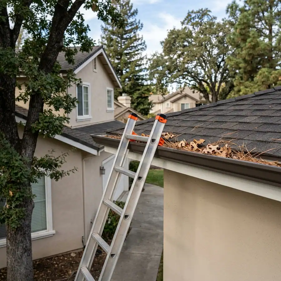 Stabilized extension ladder set up on a two-story Sacramento home