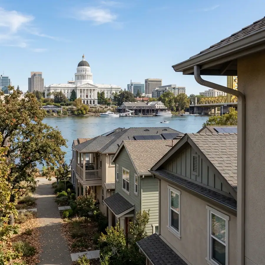 West Sacramento riverfront homes across from the Capitol — gutter cleaning in West Sacramento