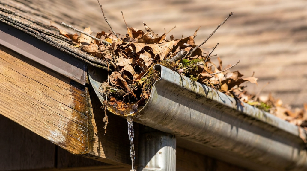 Clogged gutters overflowing with leaves and debris