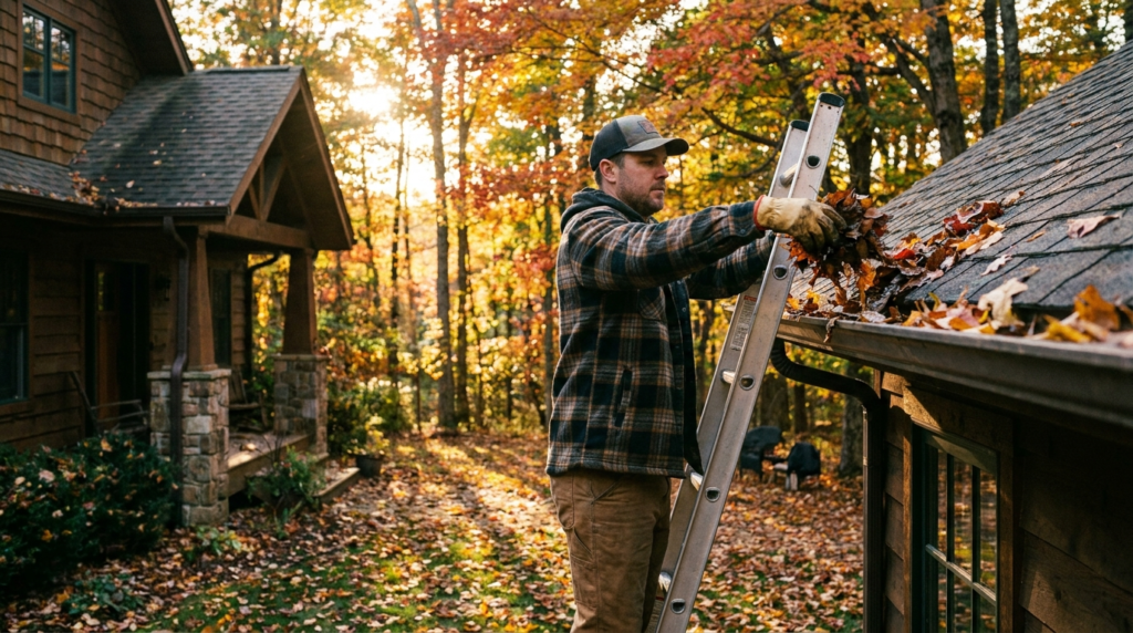 Fall gutter cleaning technician clearing leaves from roof