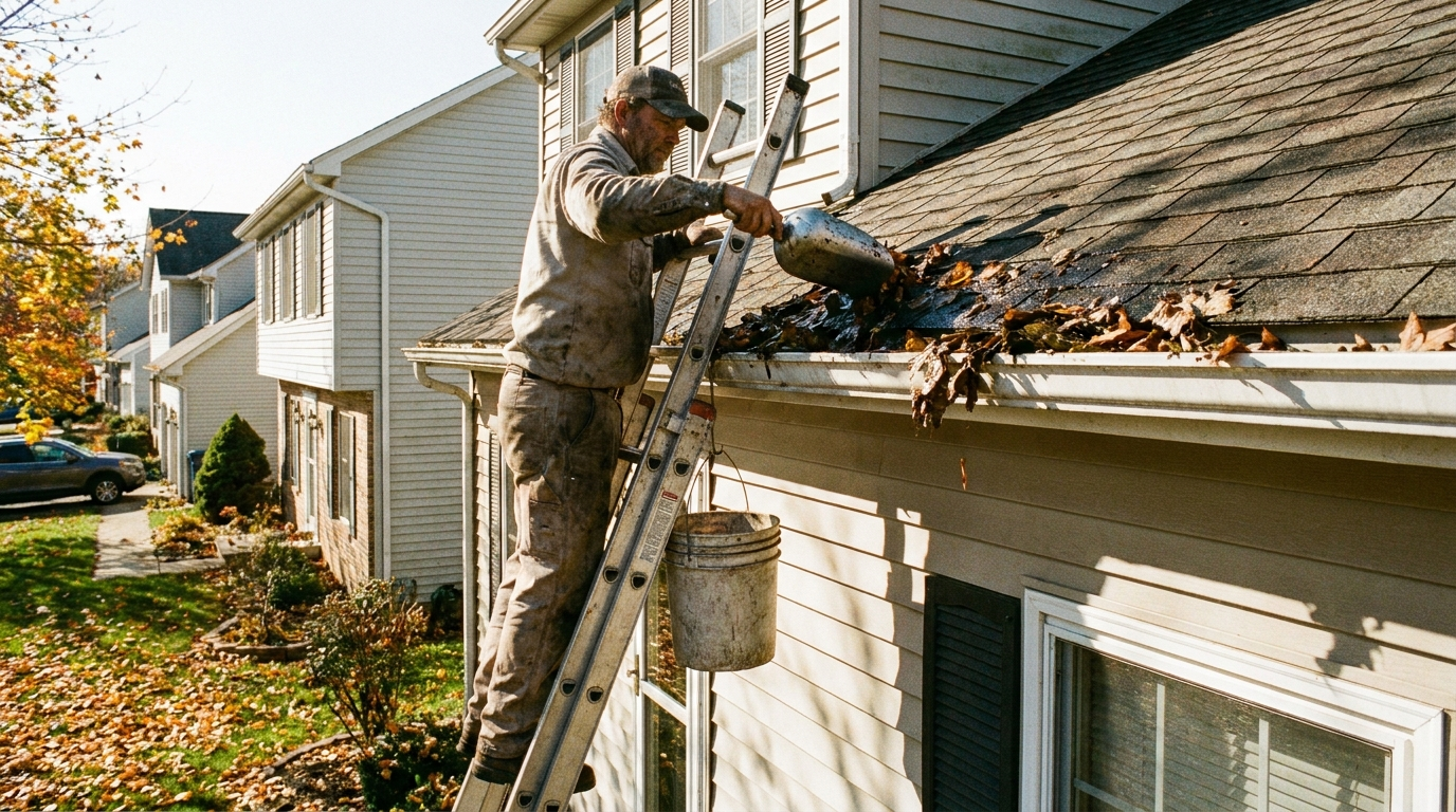 How often should gutters be cleaned technician on ladder
