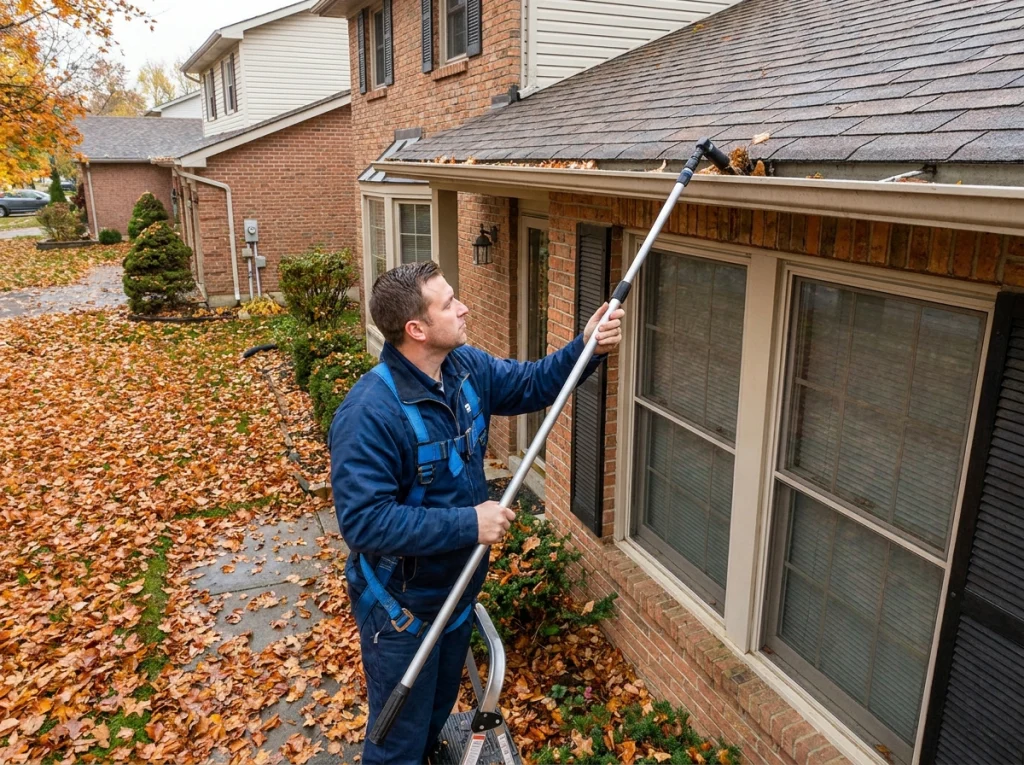 Technician cleaning gutters during fall leaf season