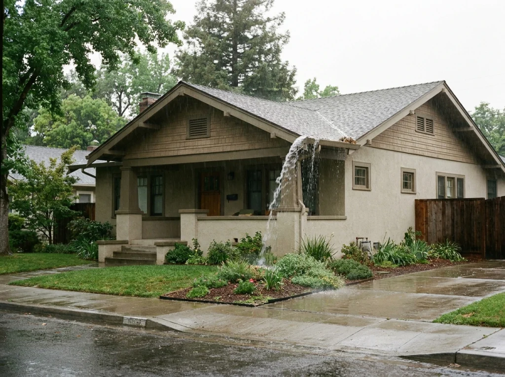 Home with gutter overflow during rainfall in Sacramento