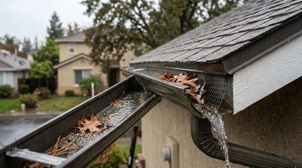 Gutter overflow and debris during Sacramento rainfall