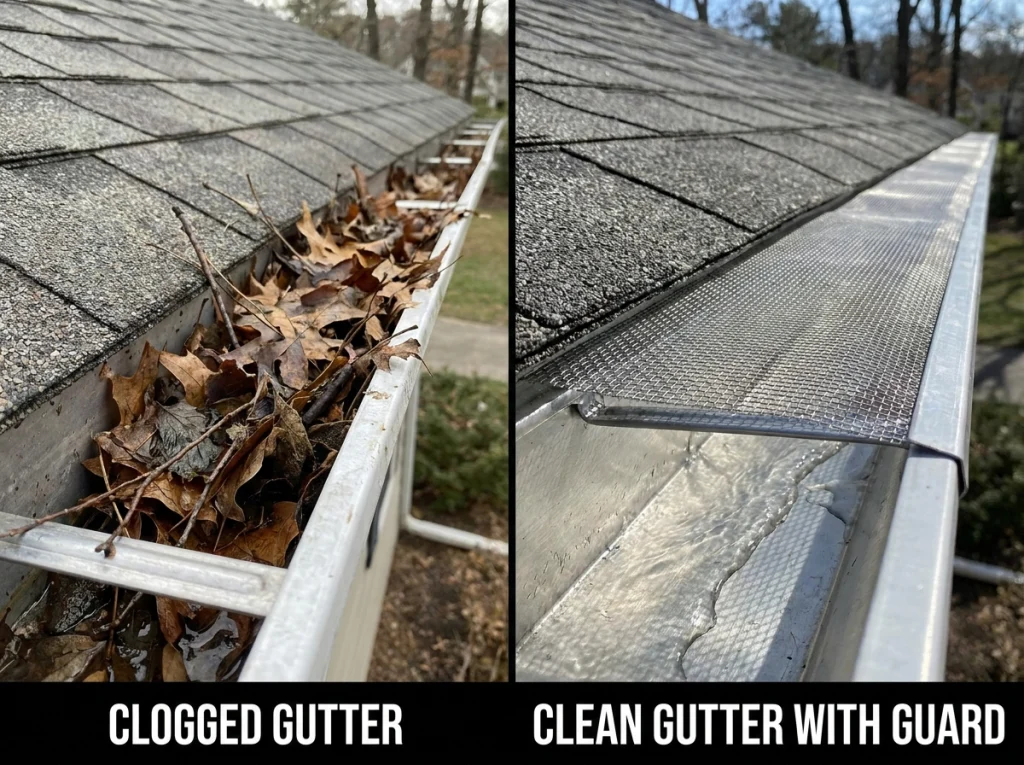 Comparison of clogged gutter and clean gutter with guard
