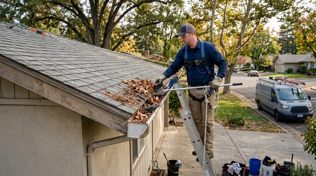 Technician removing leaves and debris from Sacramento gutters