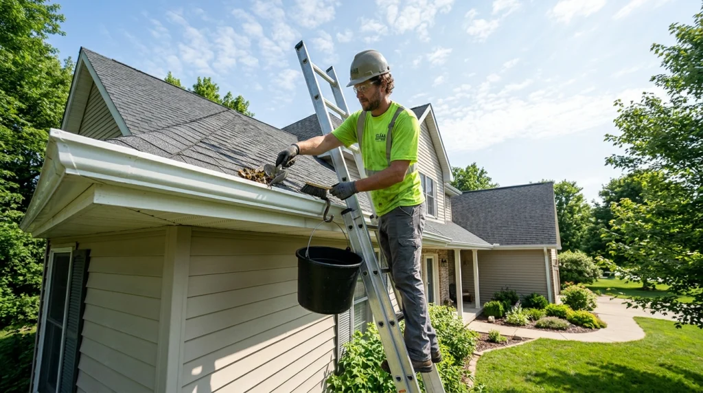 Technician cleaning gutter on sunny day