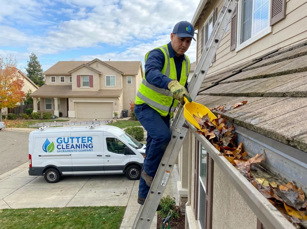Technician cleaning clogged gutters with a scoop tool