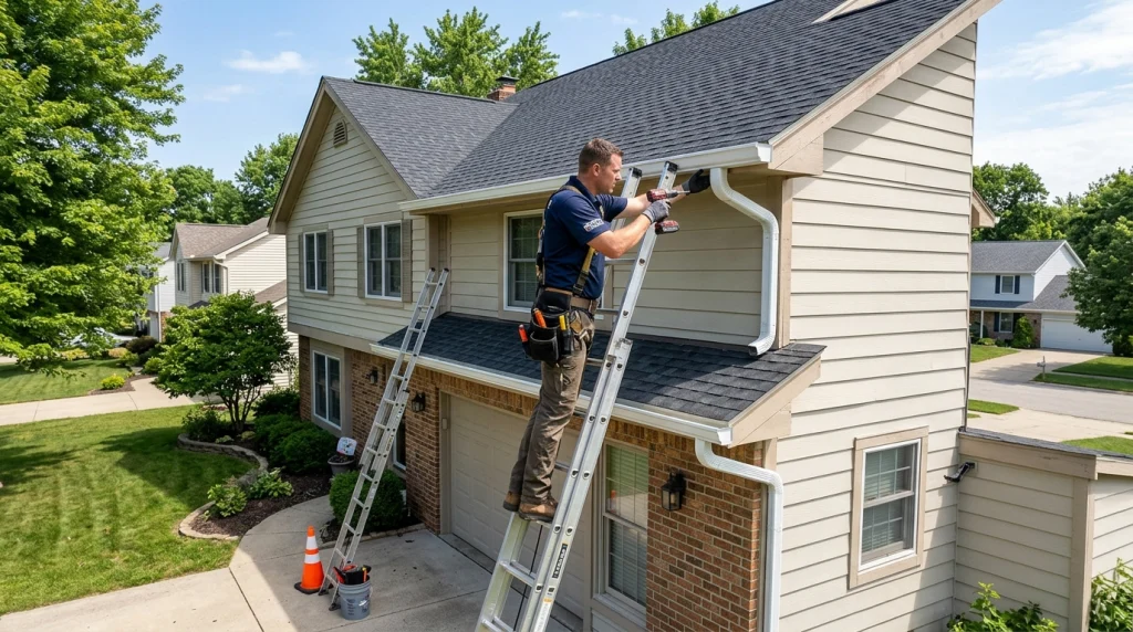 Professional adjusting gutter bracket to fix overflow