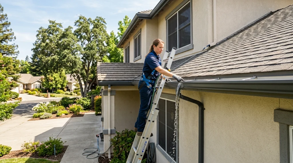 Professional two story gutter cleaning and downspout flushing Sacramento