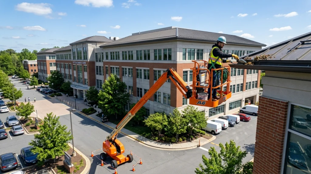 Technician on lift cleaning commercial building gutters
