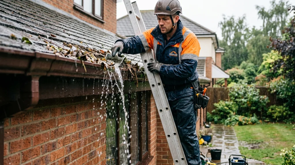 Technician inspecting overflowing gutter during rain