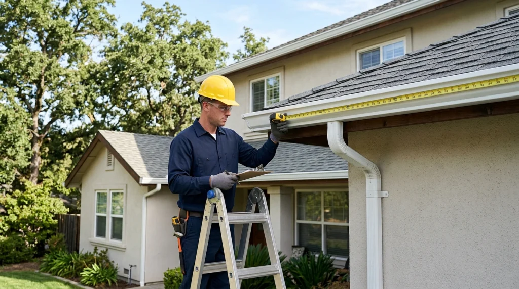 Technician measuring gutters for two story gutter cleaning cost