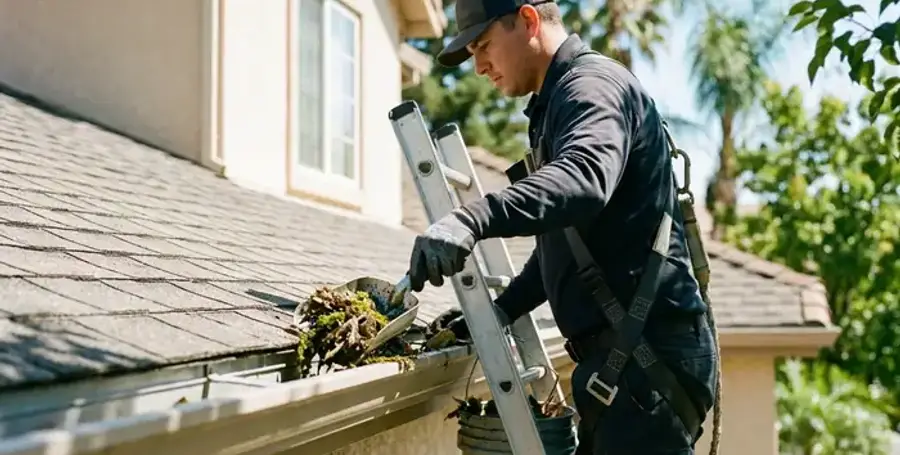 Commercial gutter cleaning on a Sacramento building