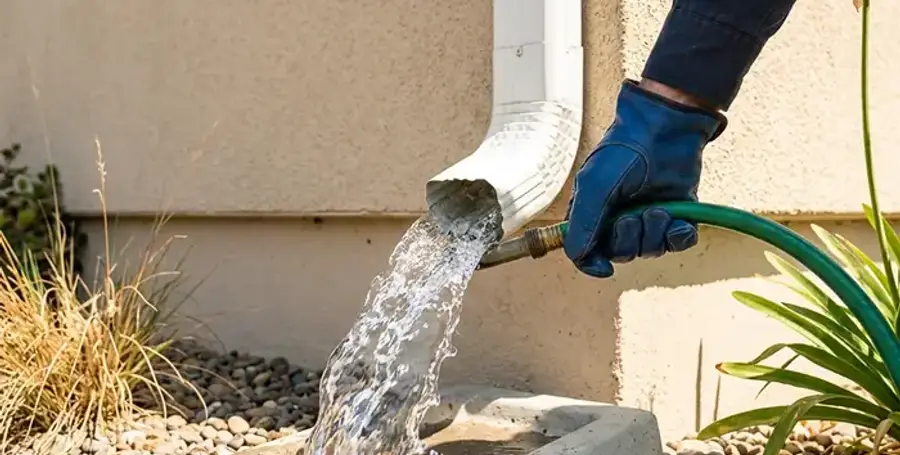 Downspout being flushed and flow-tested — gutter cleaning Sacramento