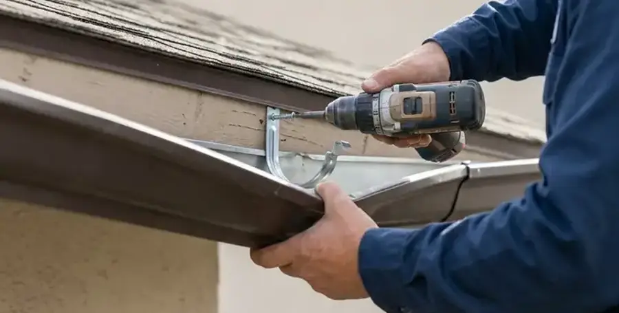 Sagging gutter section being repaired