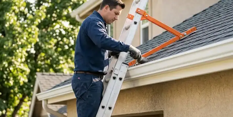 Two-story gutter cleaning with ladder stabilizer